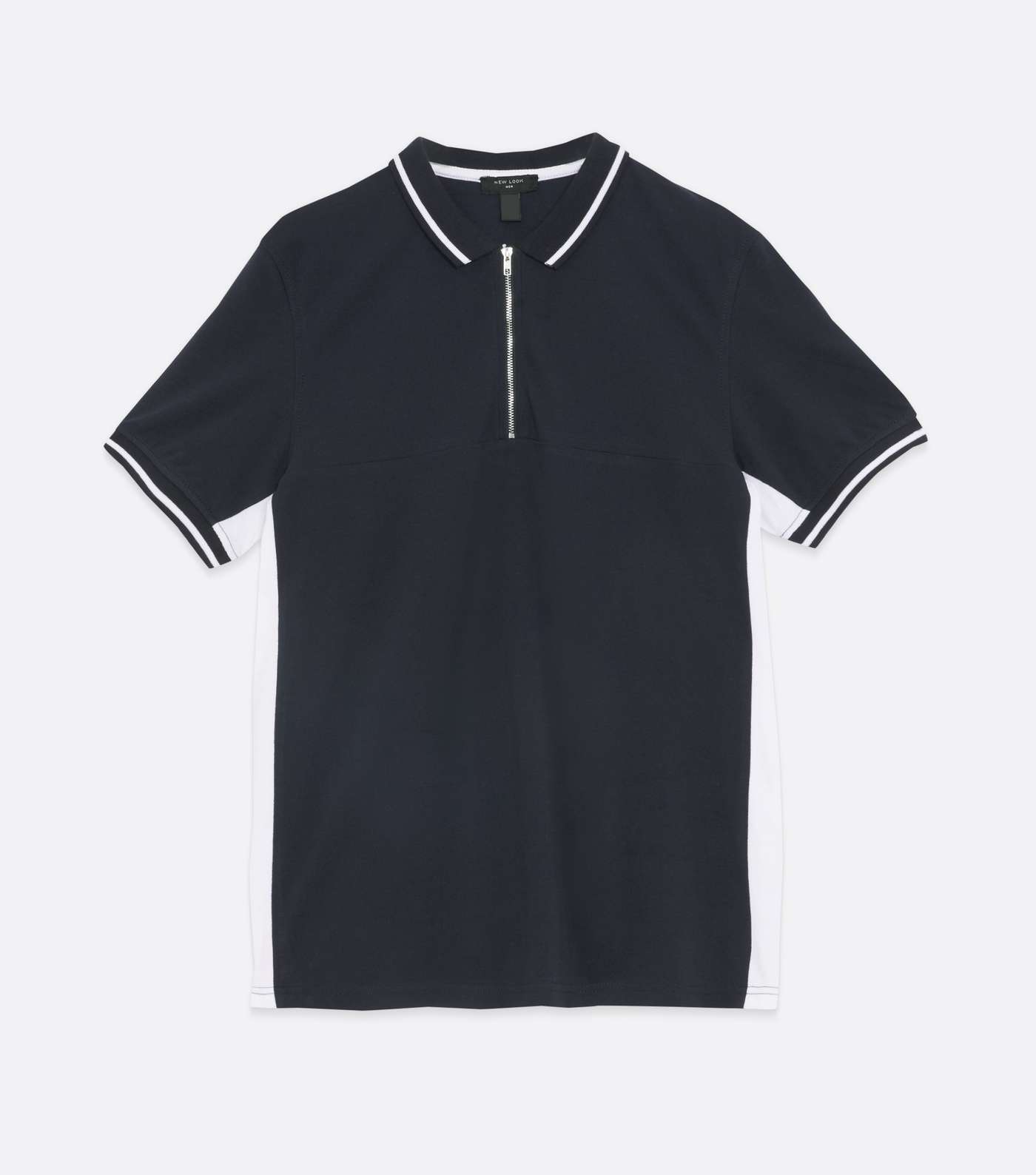 Navy Stripe Trim Zip Polo Shirt Image 5
