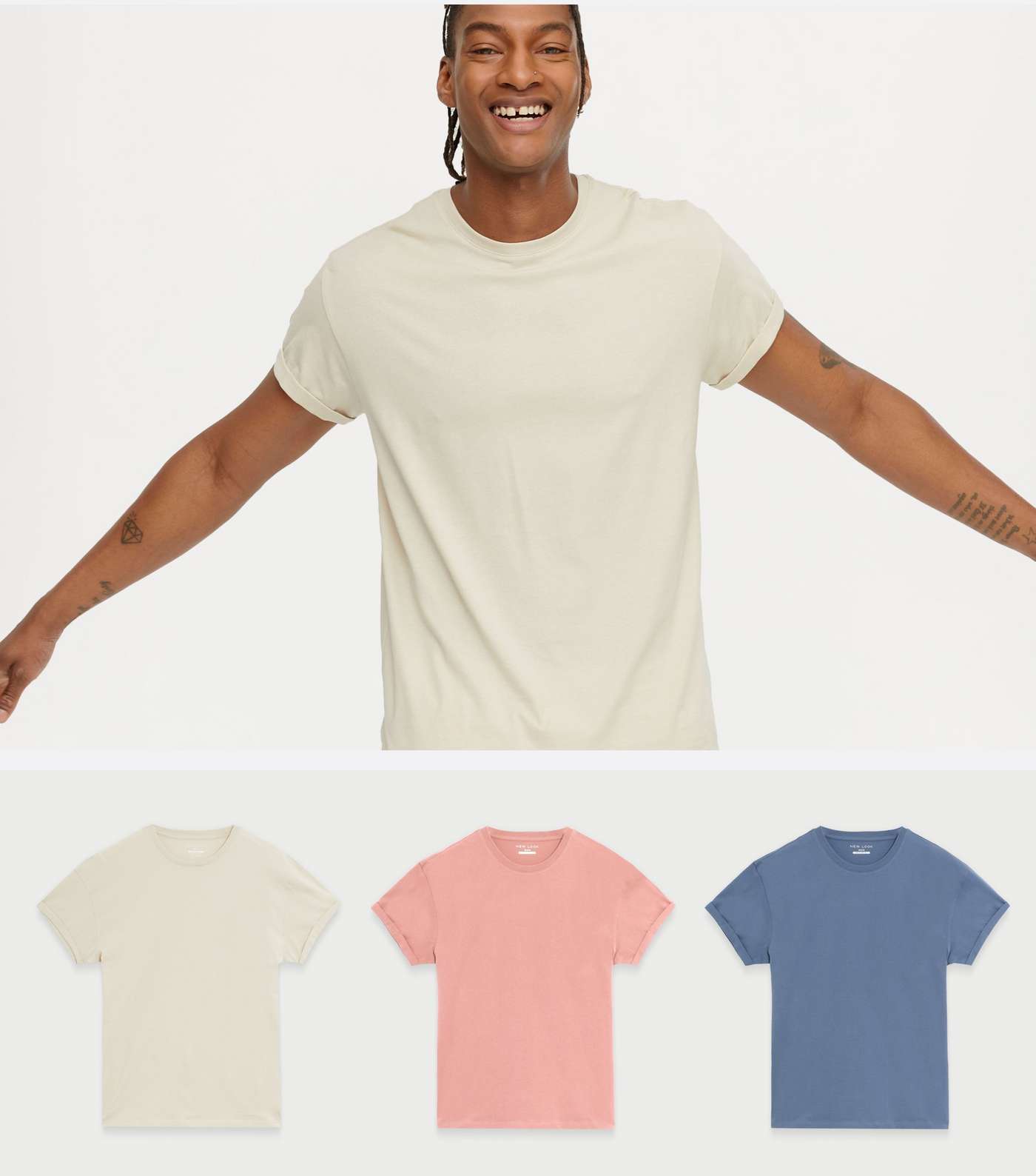 3 Pack Off White Pink and Blue Roll Sleeve T-Shirts