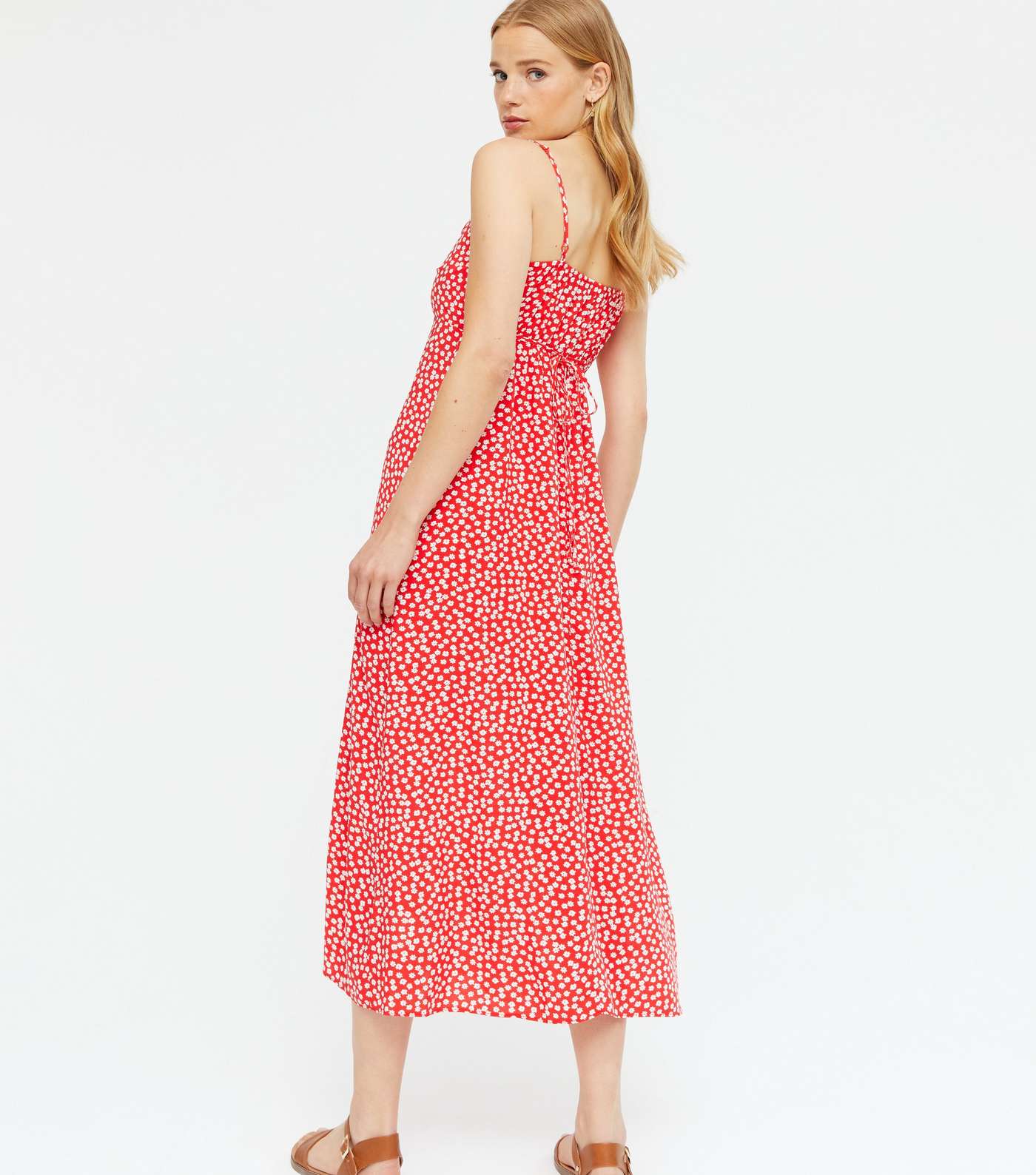 Red Ditsy Floral Tie Front Midi Slip Dress Image 4