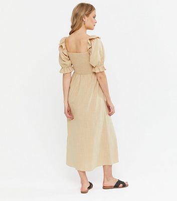 mid pink textured shirred frill puff sleeve midi dress