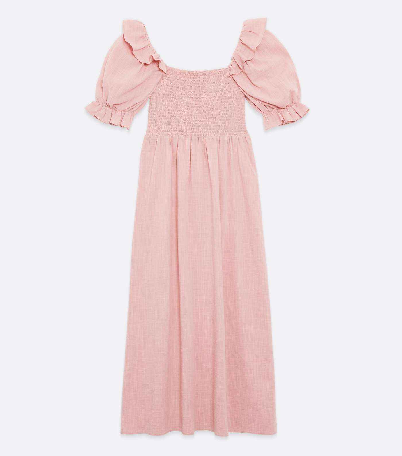 Mid Pink Textured Shirred Frill Puff Sleeve Midi Dress Image 5