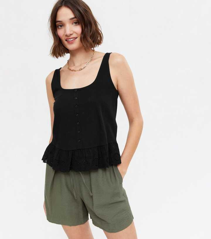 Black Square Neck Broderie Vest