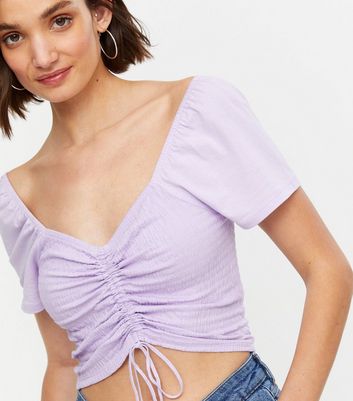 Lilac Shirred Ruched Bardot Top New Look