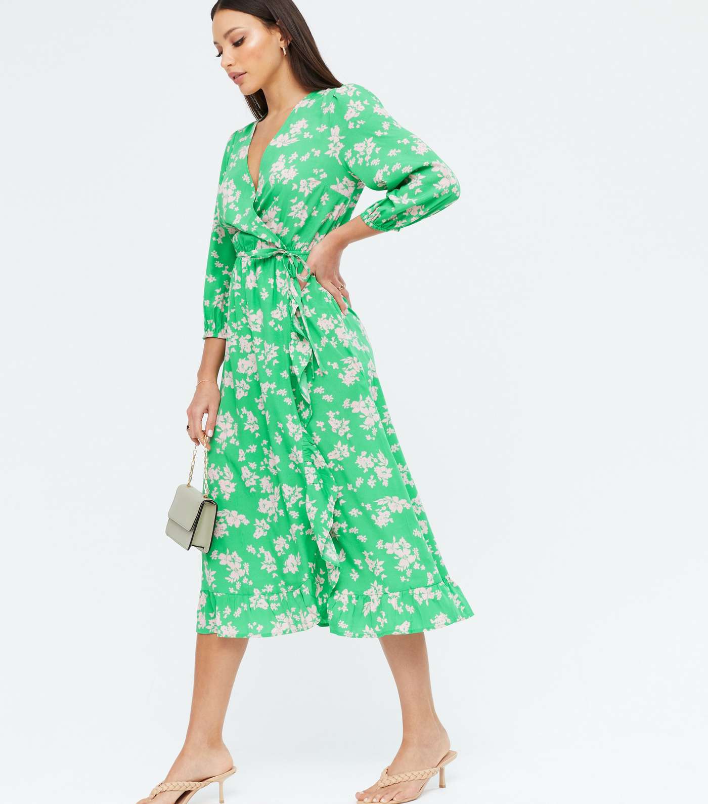 Tall Green Floral Ruffle Midi Wrap Dress