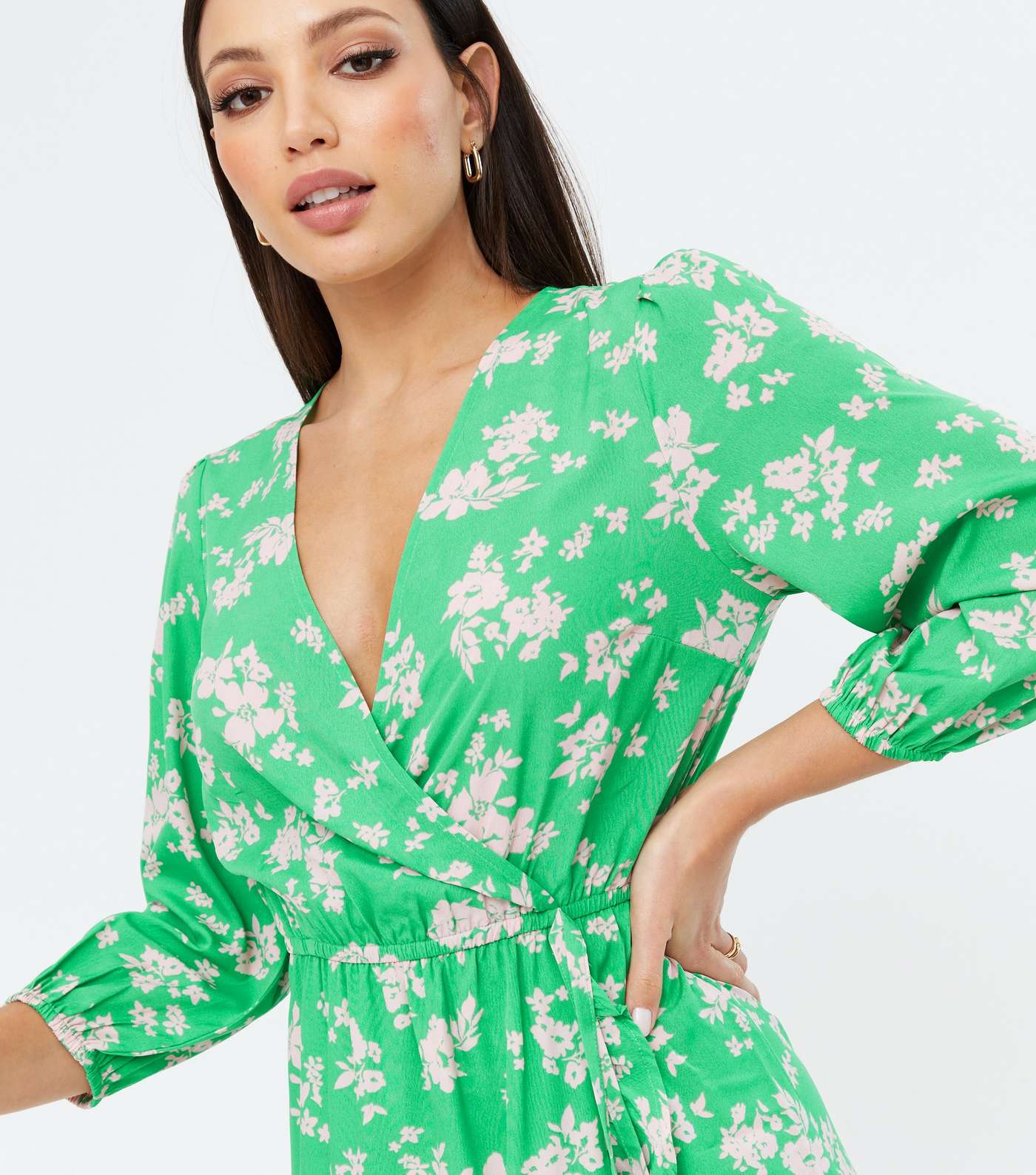 Tall Green Floral Ruffle Midi Wrap Dress Image 3