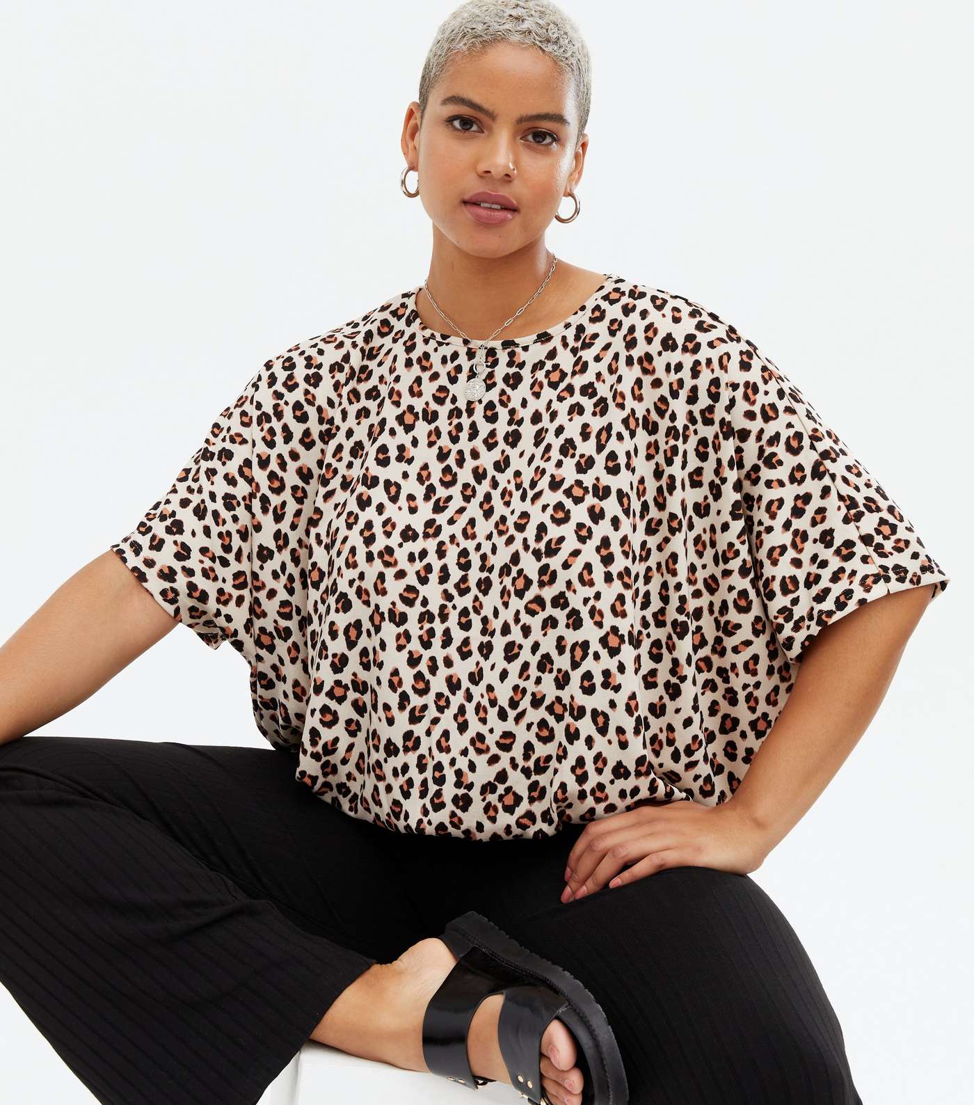 Curves Brown Leopard Print Fine Knit Batwing T-Shirt