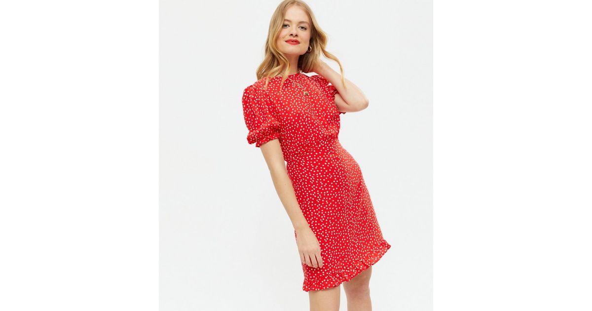 Red Spot Puff Sleeve Frill Mini Dress | New Look