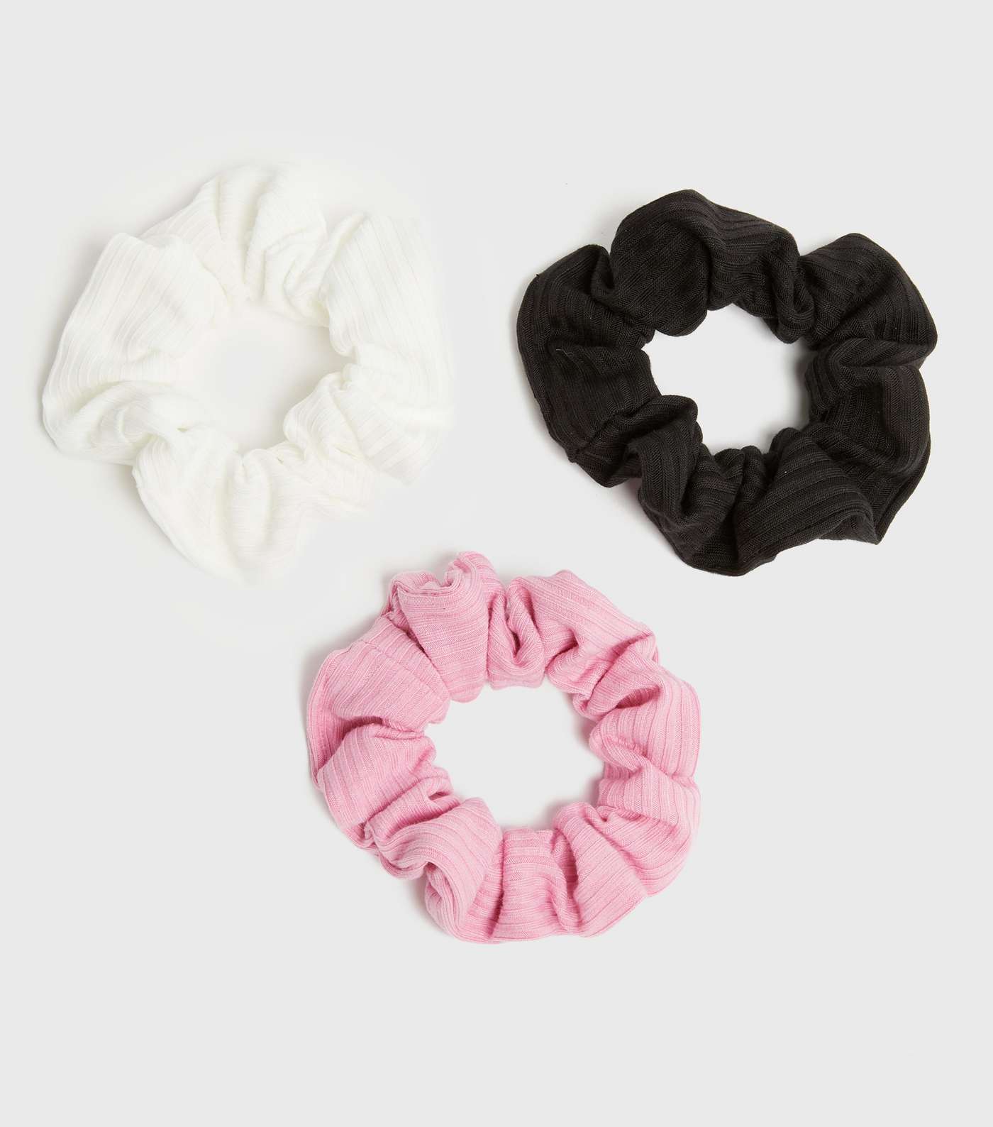 3 Pack Pink White and Black Ribbed Scrunchies
