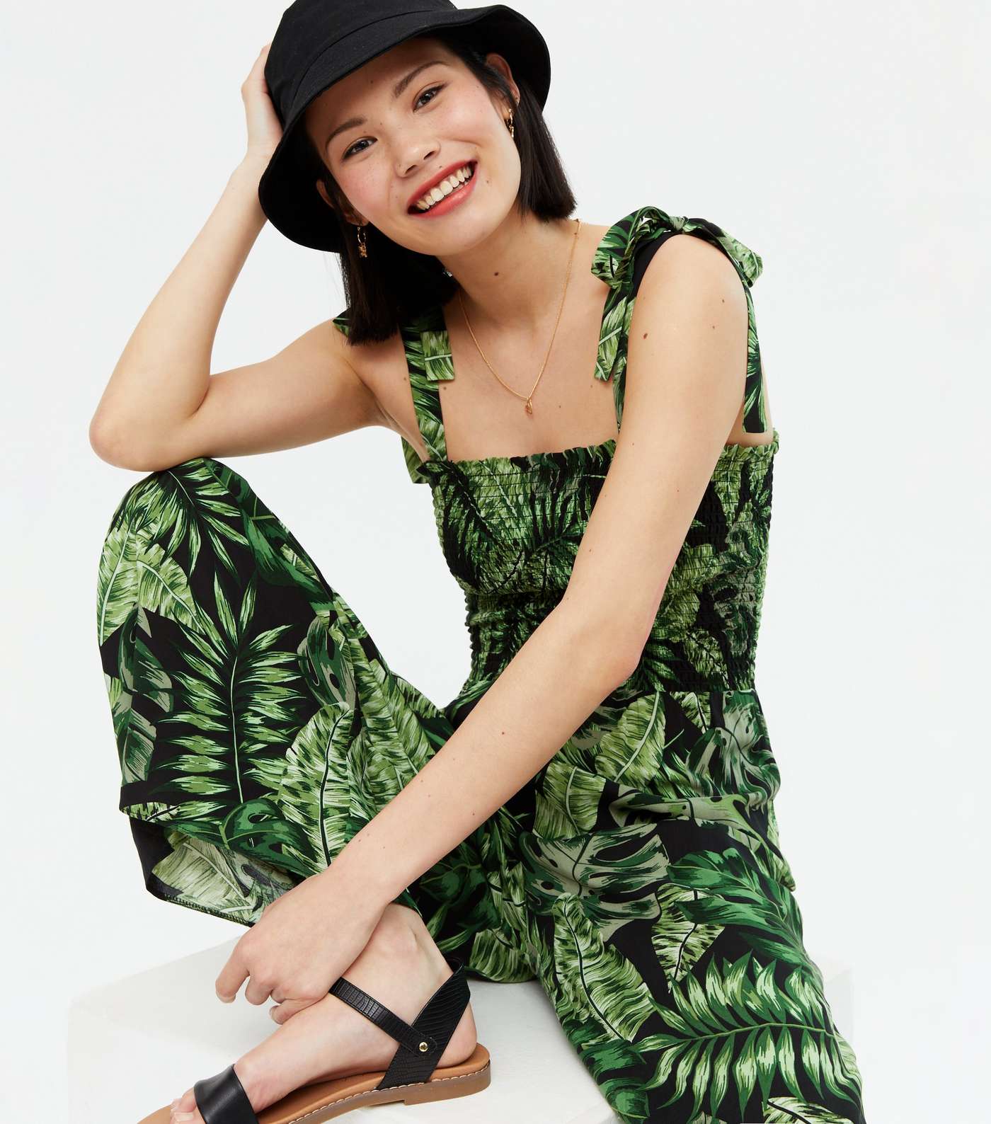 Green Tropical Palm Print Shirred Tie Strap Jumpsuit 
