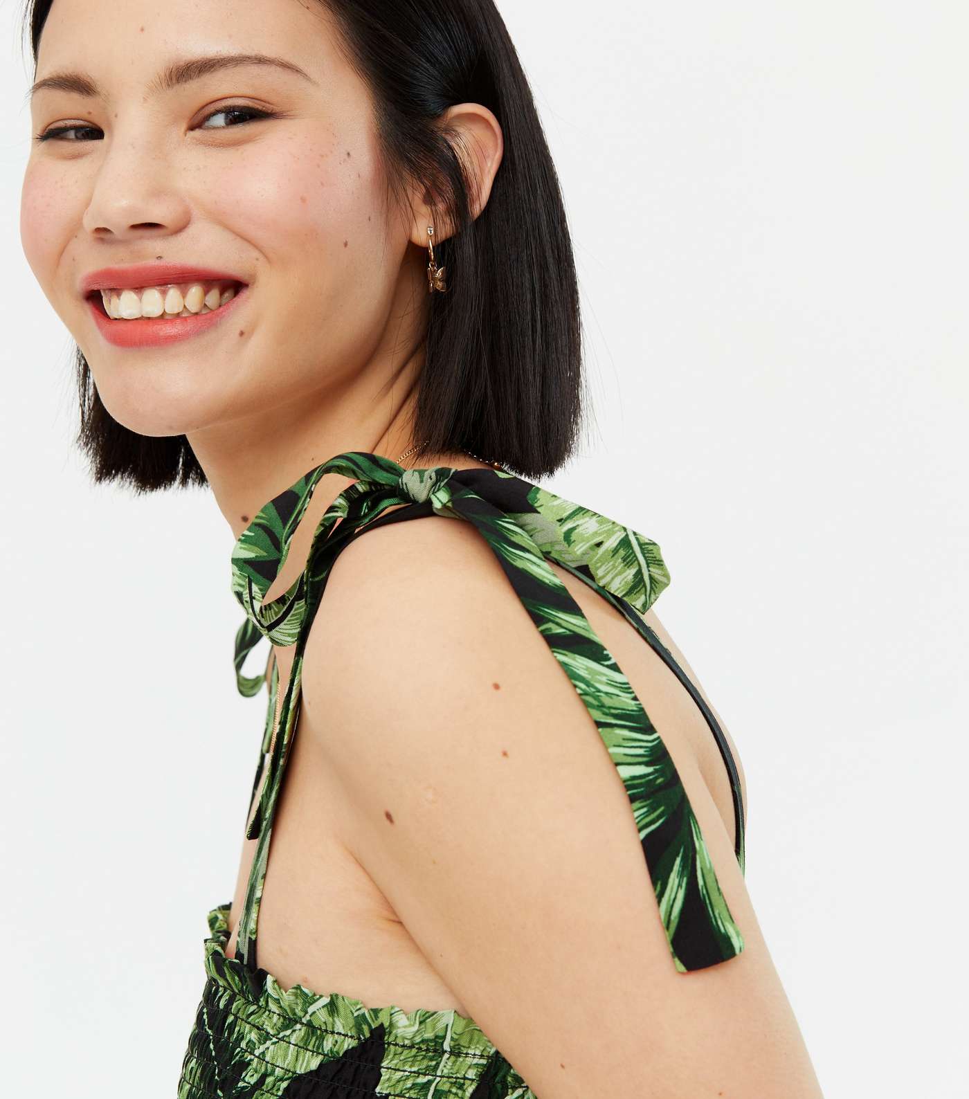 Green Tropical Palm Print Shirred Tie Strap Jumpsuit  Image 3