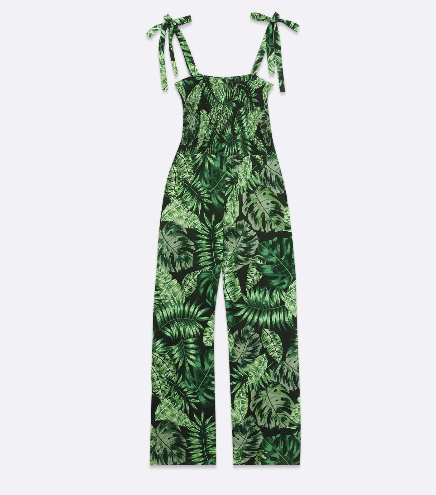 Green Tropical Palm Print Shirred Tie Strap Jumpsuit  Image 5