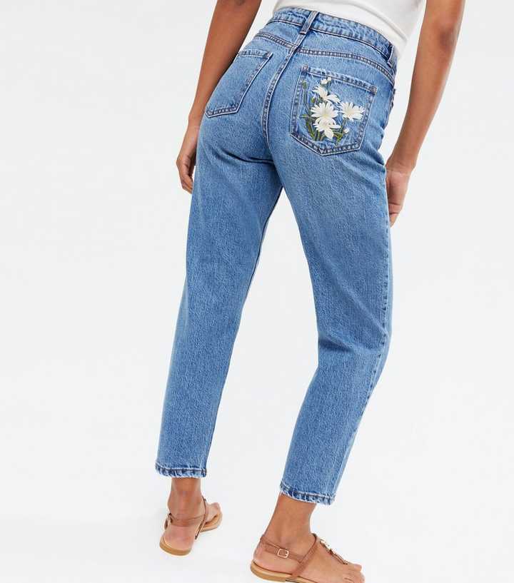 Blue Floral Embroidered High Waist Tori Mom Jeans