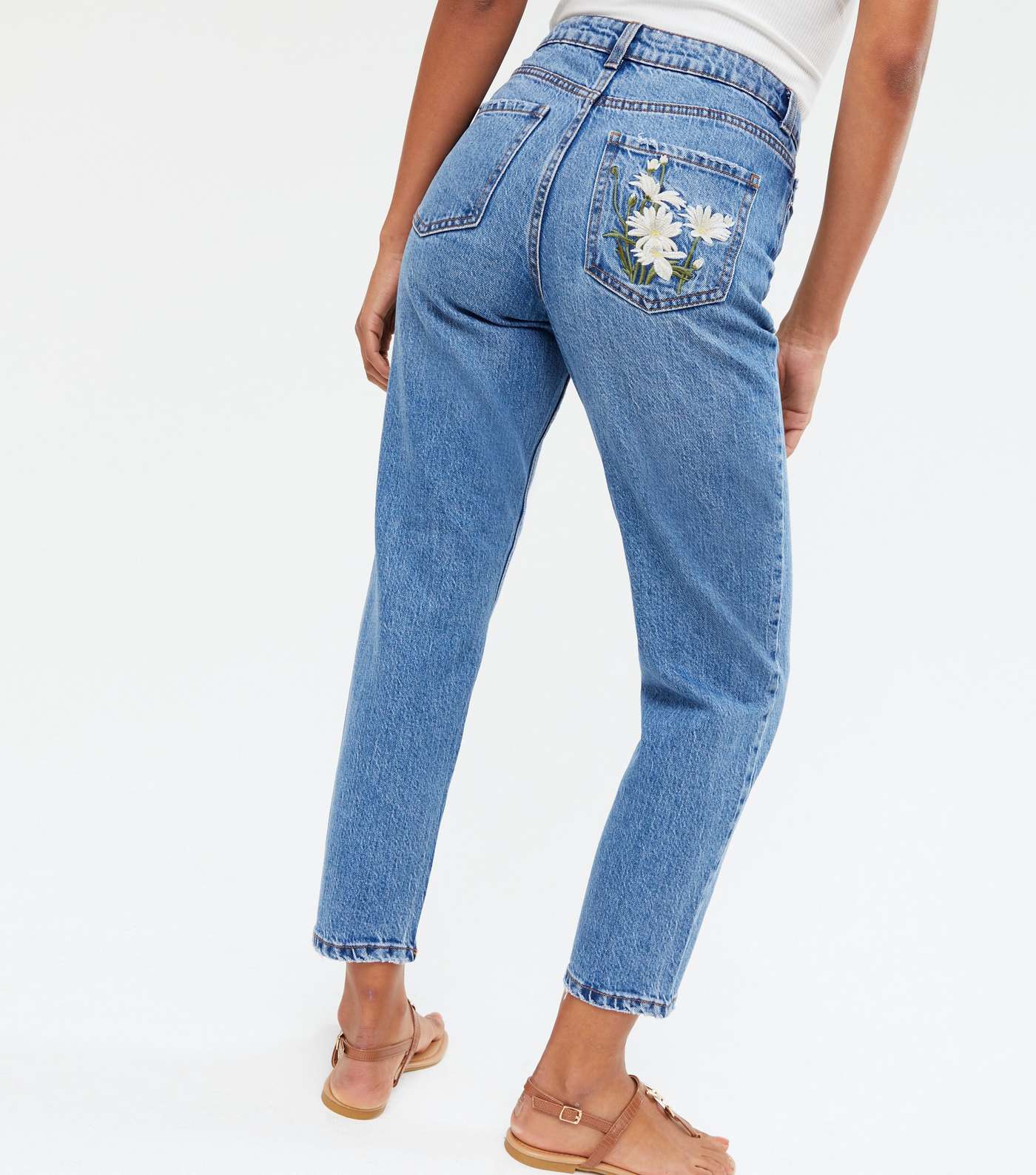 Blue Floral Embroidered High Waist Tori Mom Jeans Image 4