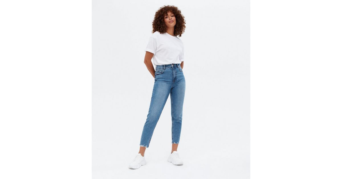 Blue Raw Hem Waist Enhance Tori Mom Jeans | New Look