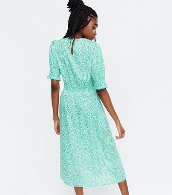 Green Ditsy Floral Puff Sleeve Midi 