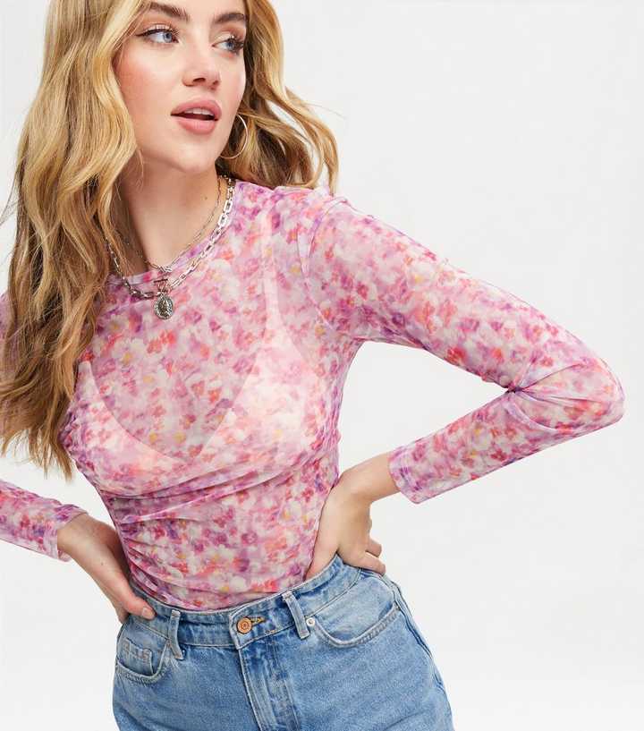 NA-KD Purple Floral Print Mesh Top