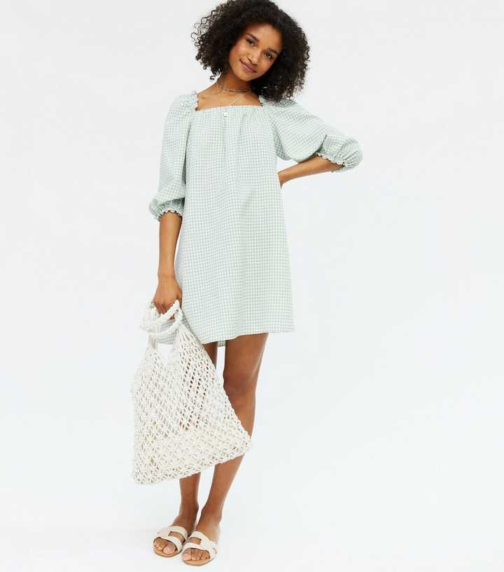 Green Check Square Neck Mini Dress