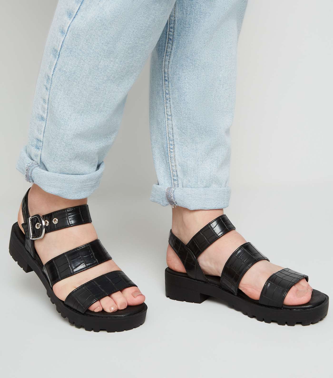 Girls Black Faux Croc Chunky Sandals Image 2
