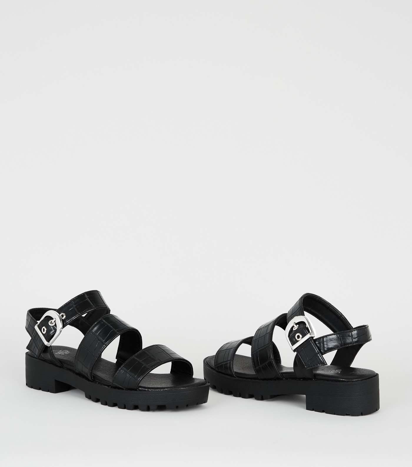 Girls Black Faux Croc Chunky Sandals Image 4