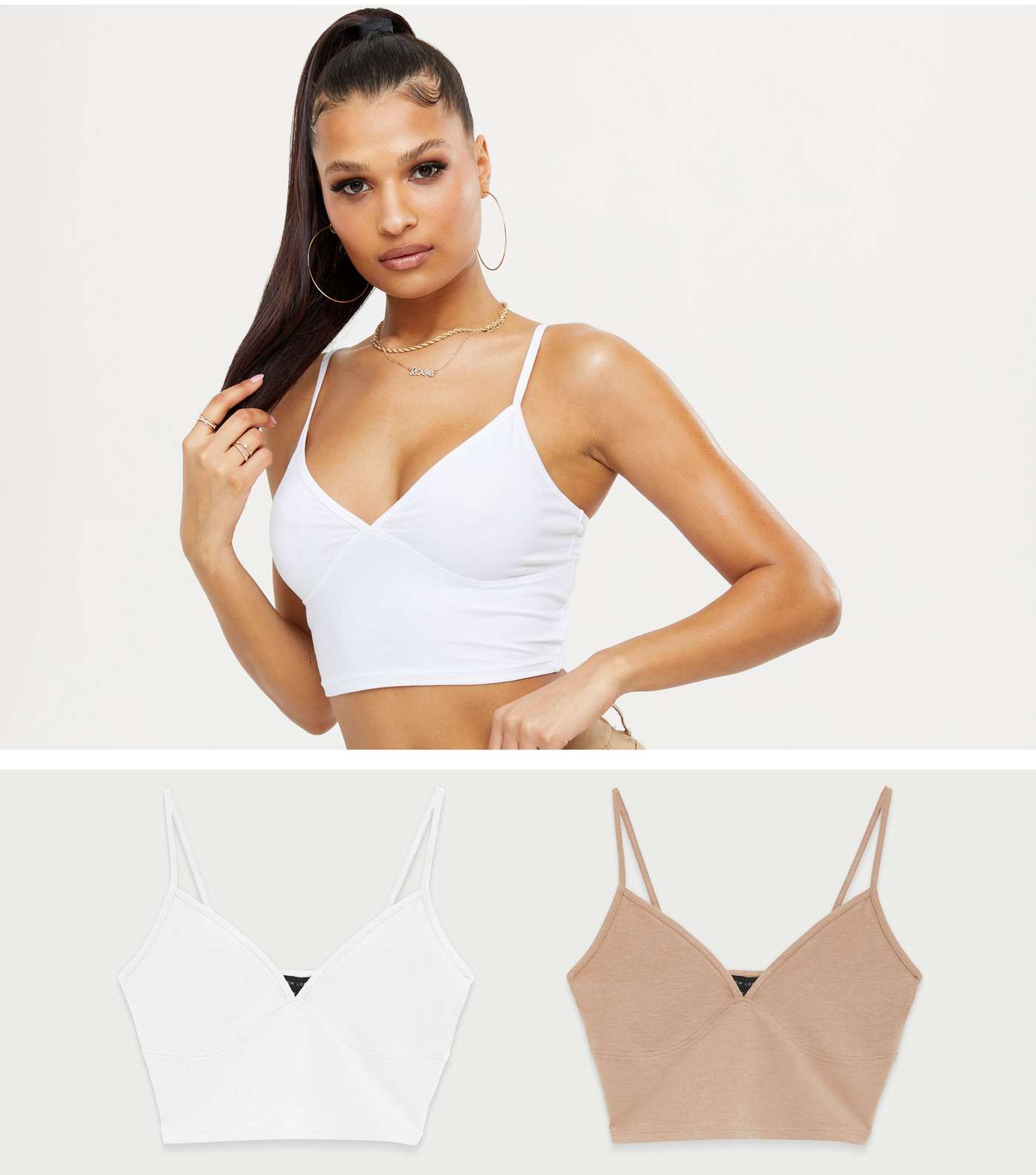 2 Pack White and Camel Bralettes