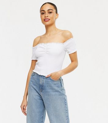 white ruched bardot top