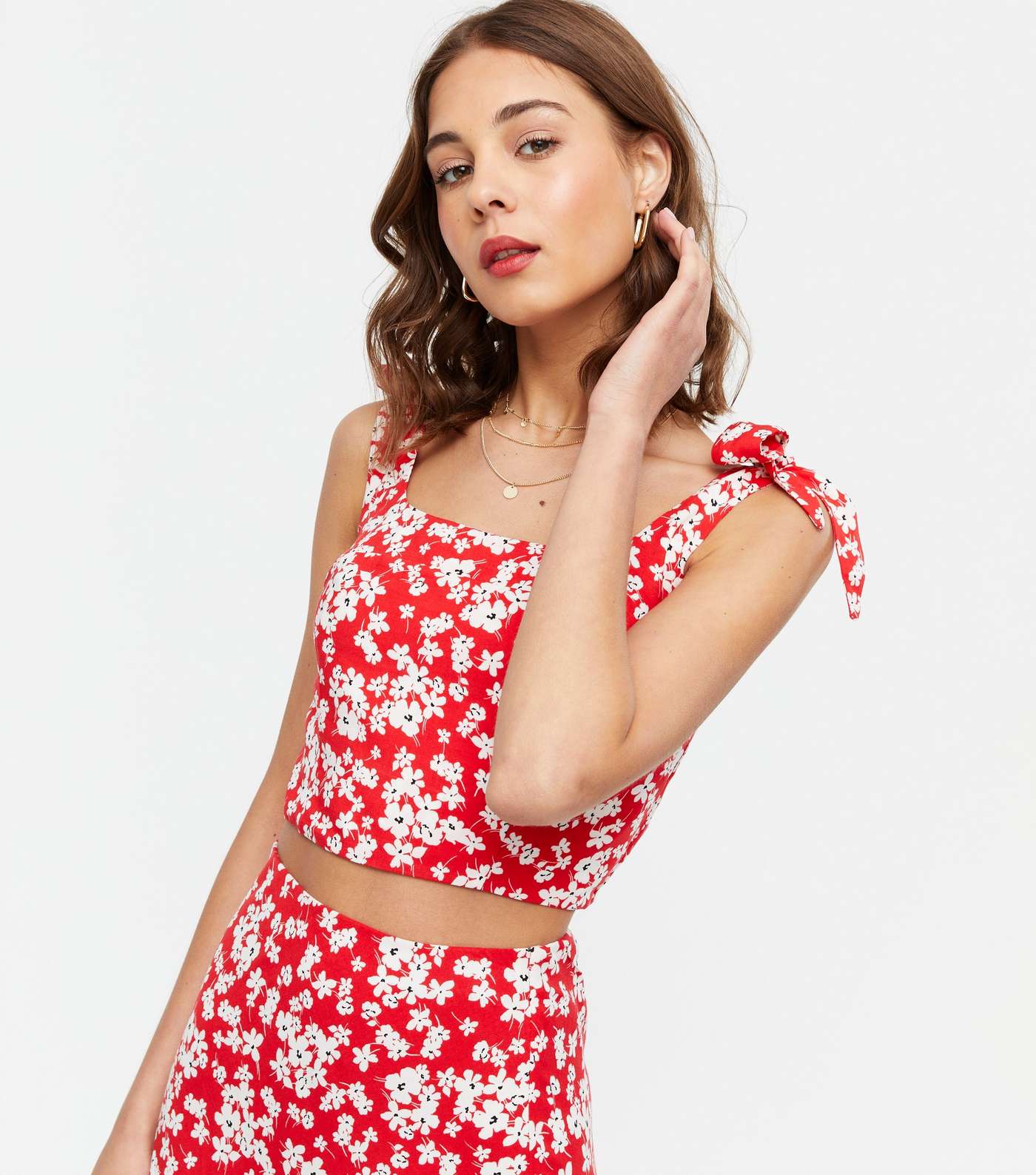 Red Ditsy Floral Square Neck Crop Top