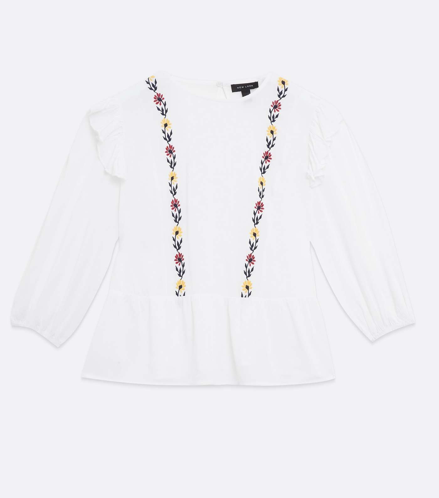 Off White Floral Embroidered Frill Peplum Blouse  Image 5