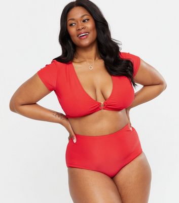 Red Ribbed High Waist Bikini Bottoms 