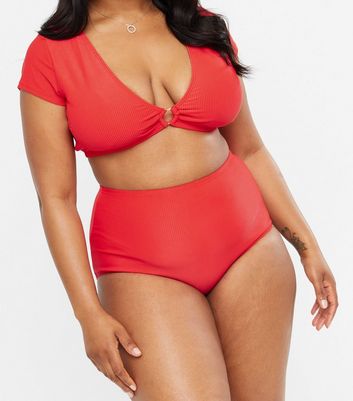 Red Ribbed High Waist Bikini Bottoms 