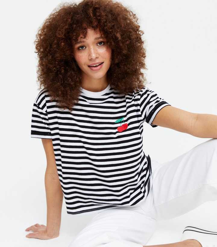 Black Stripe Cherry Embroidered T-Shirt