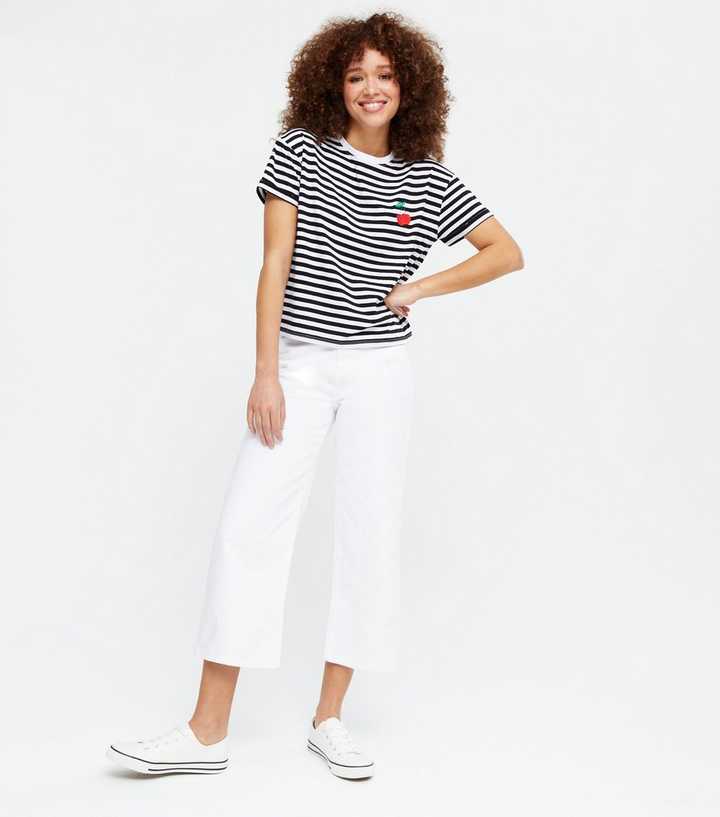 Black Stripe Cherry Embroidered T-Shirt | New Look