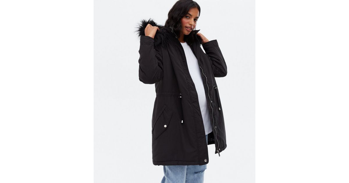 Maternity Black Faux Fur Hood Drawstring Parka Jacket New Look