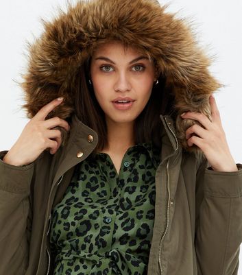 Maternity Khaki Faux Fur Hood Drawstring Parka Jacket New Look