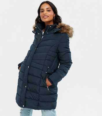 Maternity Navy Belted Long Hooded Puffer Jacket