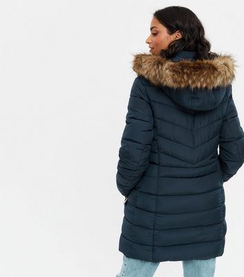 navy belted puffer long jacket