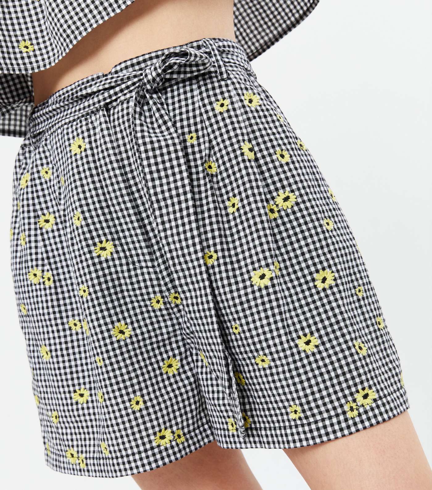 Black Gingham Daisy Embroidered Tie Waist Shorts