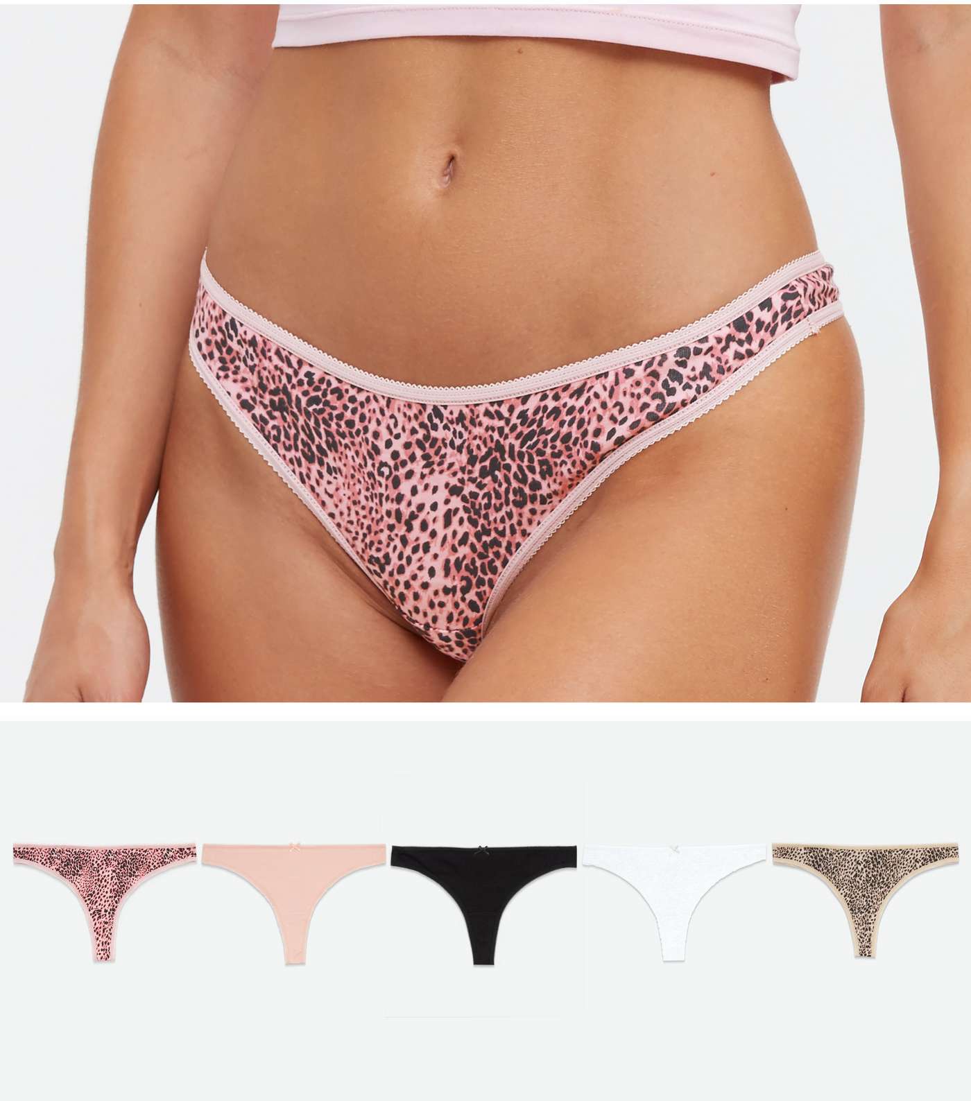 5 Pack Black White Pink and Leopard Print Thongs
