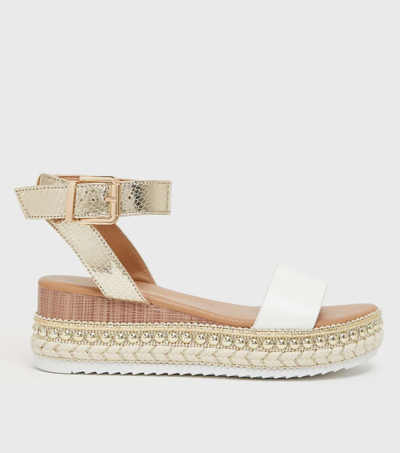 White Faux Snake Strap Espadrille Chunky Sandals