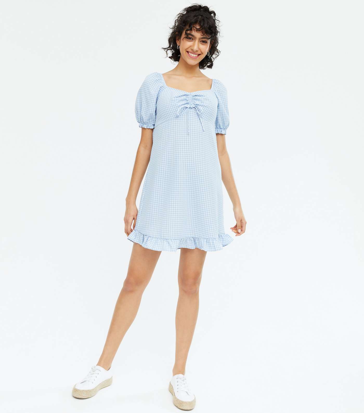 Blue Gingham Tie Front Frill Mini Dress Image 2