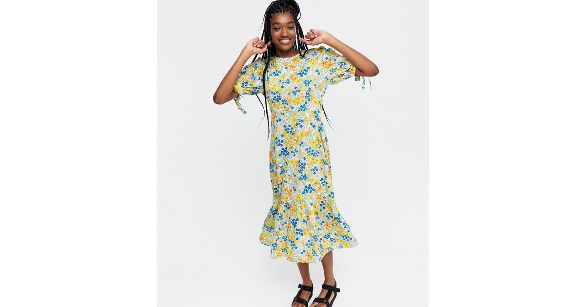 Blue Ditsy Floral Tie Puff Sleeve Frill Midi Dress | New Look