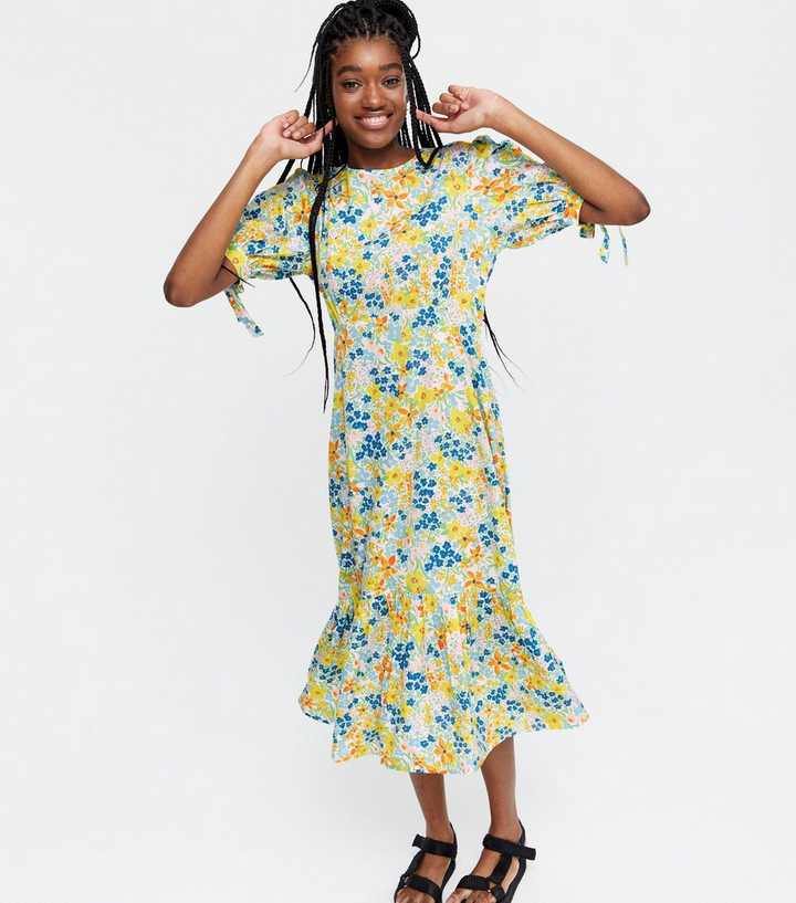 Blue Ditsy Floral Tie Puff Sleeve Frill Midi Dress