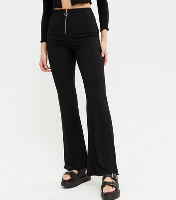Black Ribbed Zip Front Flared Trousers 