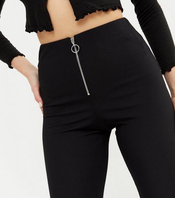 Black Ribbed Zip Front Flared Trousers 