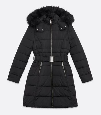 new look black belted puffer jacket