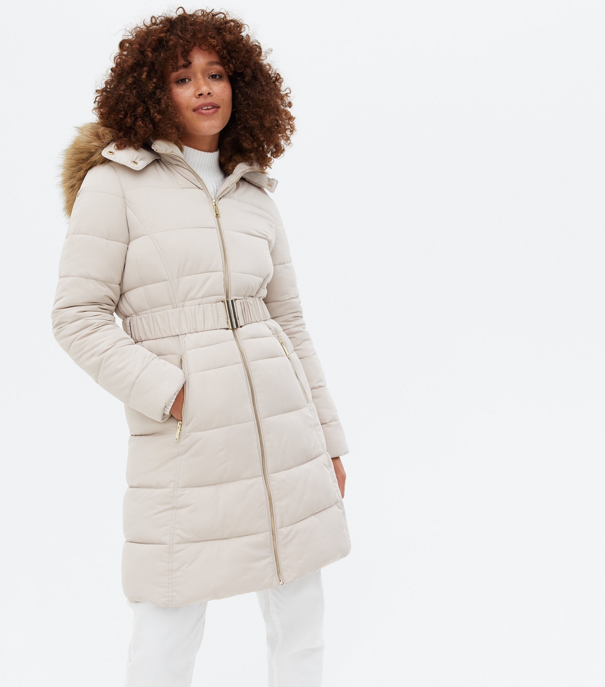 Women's Stone Belted Puffer Long Jacket New Look