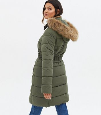 khaki belted puffer coat