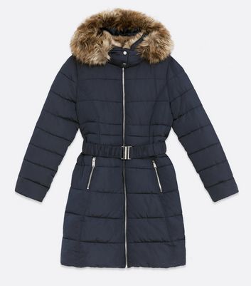 navy belted puffer coat