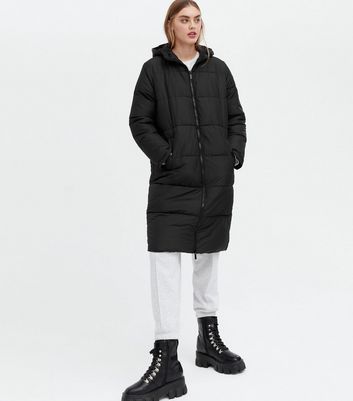 long black hooded puffer jacket