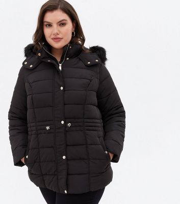 Curves Black Quilted Faux Fur Hood Puffer Jacket New Look