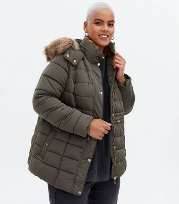 Curves Khaki Quilted Faux Fur Hood Puffer Jacket | New Look